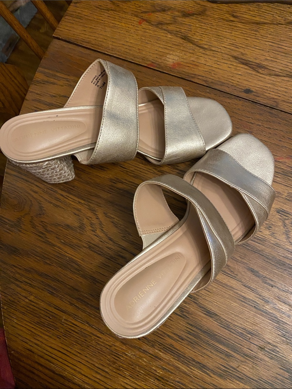 Adrienne Vittadini Metallic Gold Double-Strap Block Heel Mules